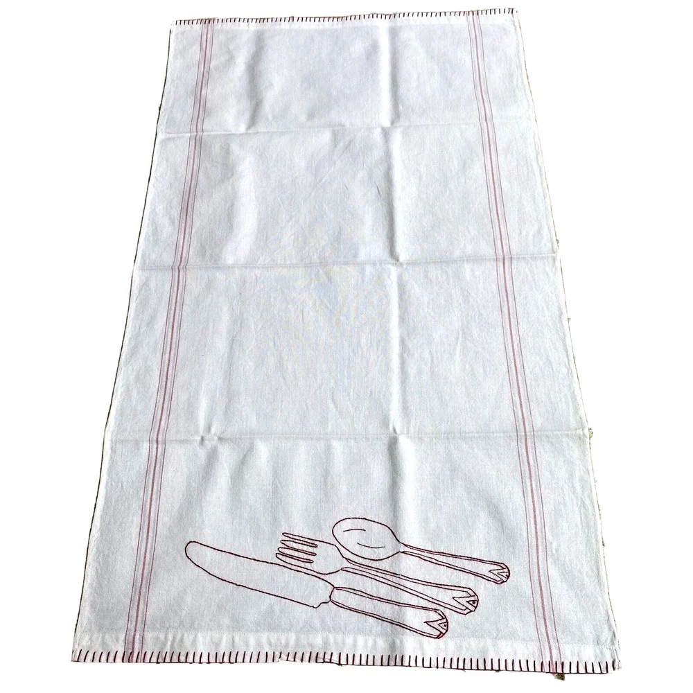 White cotton muslin kitchen tea towel red embroidery finishes country farmhouse